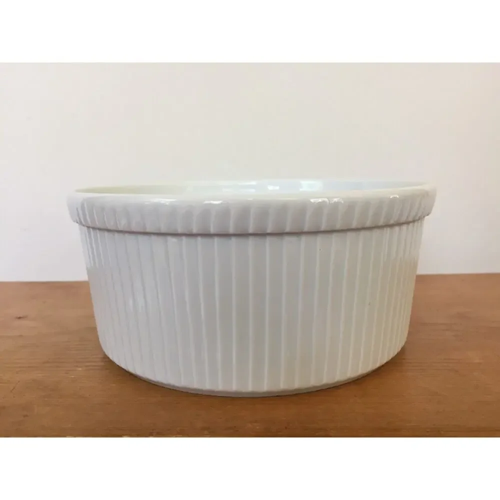 Vintage Apilco France Whiteware Ribbed Porcelain Ramekin Souffle Large Dish 7.5